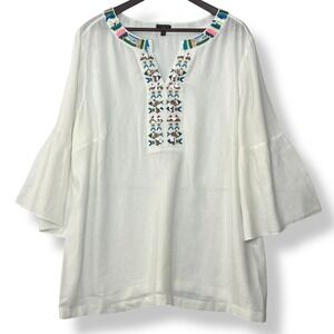 NEW Talbots 2X White 100% Linen Embroidered Fish Sequin Tunic Bell Sleeve FLAWED